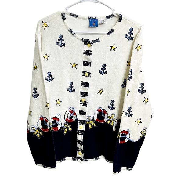 Vintage Nautical Coastal Sailor Stars Grandma Cardigan Size L Artsy Art to Wear - Picture 1 of 3